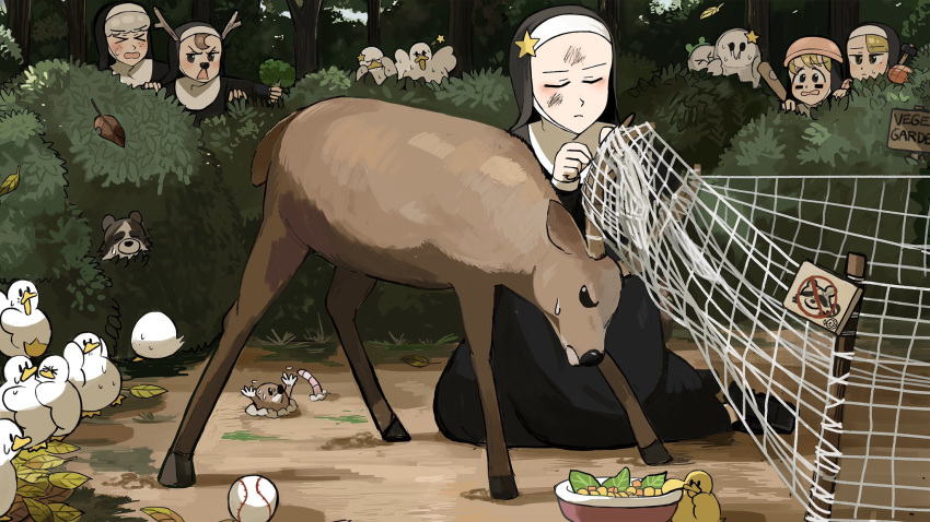 &gt;_&lt; 5girls arm_grab baseball baseball_bat bird blonde_hair bowl brown_hair bush catholic chicken clumsy_nun_(diva) deer diva_(hyxpk) duck duckling earthworm english_commentary facepaint fake_antlers fake_nose freckles frog_headband froggy_nun_(diva) grey_hair habit hammer helmet highres leaf little_nuns_(diva) mole_(animal) multiple_girls net nun open_mouth oven_mitts owl raccoon scared sheep_nun_(diva) sign spicy_nun_(diva) star_nun_(diva) star_ornament stuck surprised sweat sweating_profusely triangle_mouth