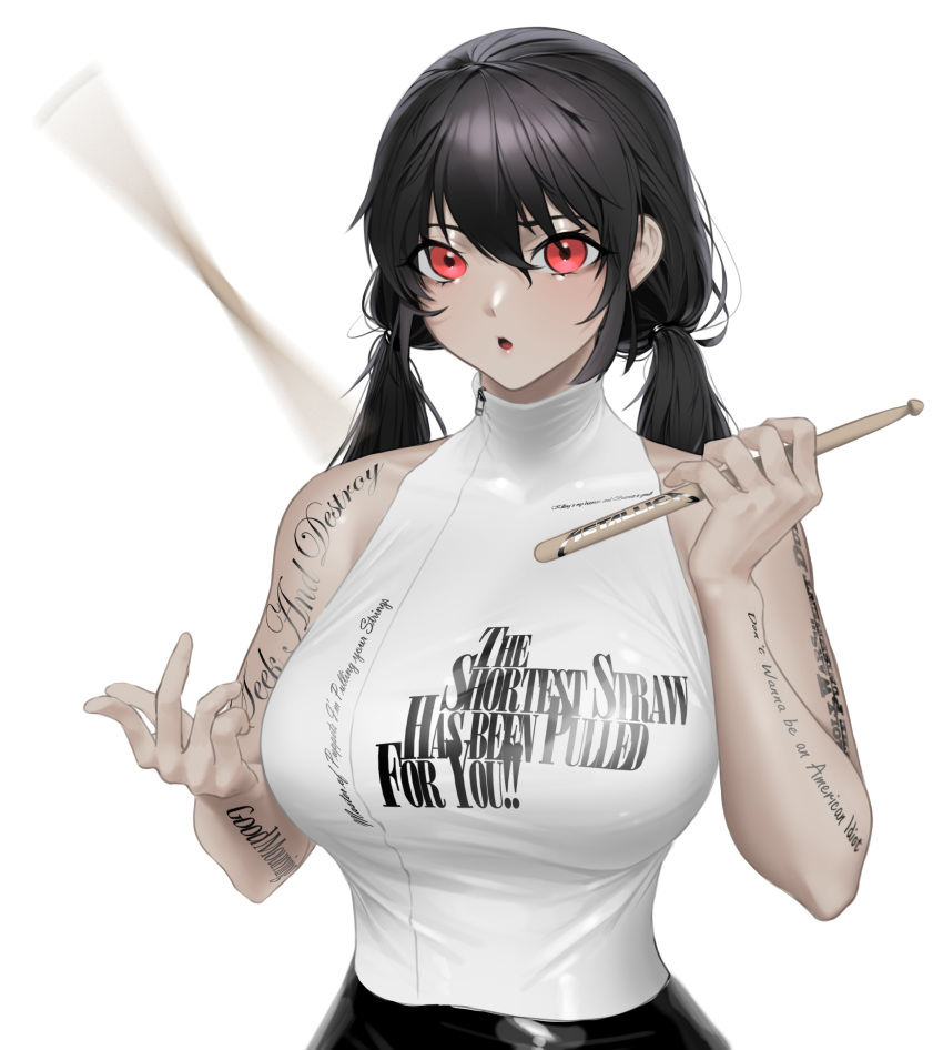 1girl absurdres arm_tattoo bangs black_hair breasts drumsticks english_text hair_between_eyes highres holding holding_drumsticks large_breasts norunollu original parted_lips print_shirt red_eyes shirt simple_background sleeveless sleeveless_shirt solo tattoo twintails upper_body white_background white_shirt