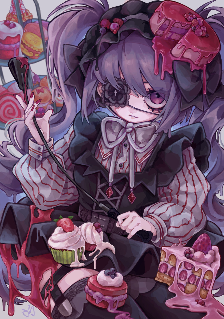 1girl absurdres cake cake_slice eyepatch food food_on_head garter_belt gothic_lolita highres holding holding_whip lace lace-trimmed_eyepatch lace_trim lolita_fashion object_on_head original purple_hair purple_ribbon ribbon solo thigh-highs tira_27 twintails violet_eyes whip
