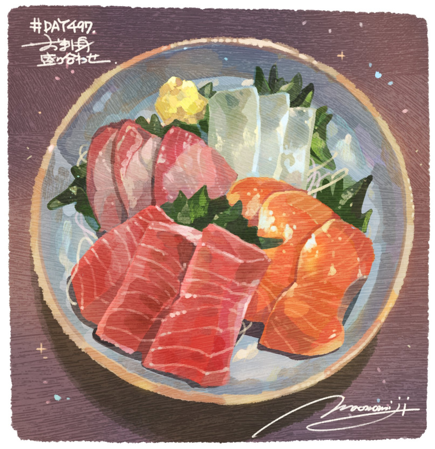 bowl fish food food_focus highres meat momiji_mao no_humans original sashimi seafood signature simple_background still_life vegetable