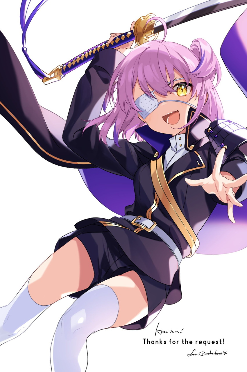 ahoge armor commission cosplay eyepatch half_updo highres hotarumaru hotarumaru_(cosplay) indie_virtual_youtuber japanese_armor kurameki_kyou nokachoco114 open_mouth purple_hair second-party_source shorts skeb_commission sword teeth touken_ranbu weapon white_background white_legwear yellow_eyes