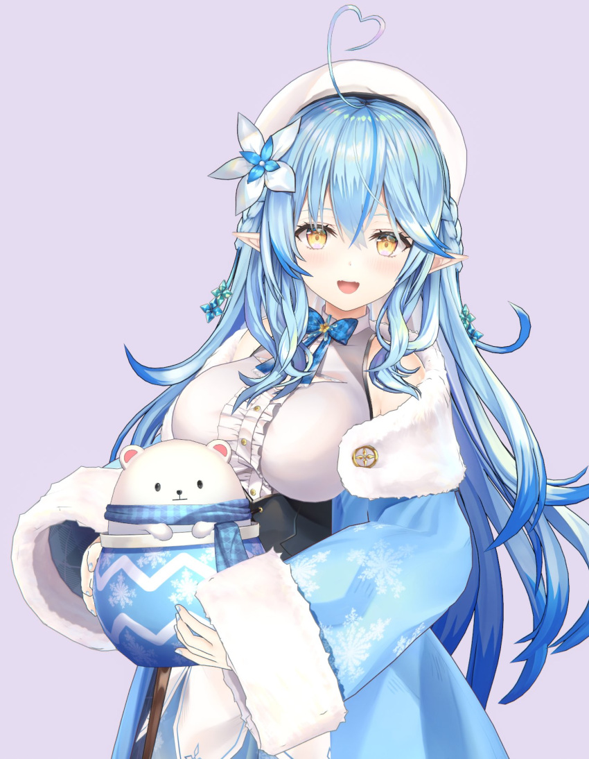 1girl 3d bear blue_hair blue_jacket blue_nails breasts cleavage_cutout clothing_cutout corset daifuku_(yukihana_lamy) elf flower fur_trim hair_flower hair_ornament heart_hair highres holding_jar hololive jacket large_breasts long_hair off_shoulder official_art open_mouth pointy_ears pufeyarou smile solo upper_body virtual_youtuber white_flower white_headwear yellow_eyes yukihana_lamy