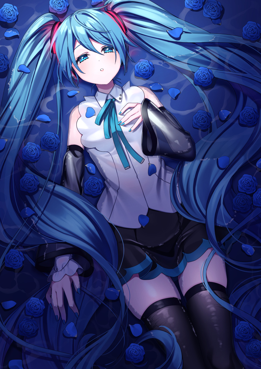 1girl :o absurdres aqua_eyes aqua_hair aqua_nails arm_at_side bare_shoulders blue_flower cowboy_shot detached_sleeves floating flower flower_on_liquid hair_between_eyes half-closed_eyes hand_on_own_chest hatsune_miku hatsune_miku_(nt) headphones headset highres inu8neko lying_on_water nail_polish neck_ribbon petals petals_on_liquid ribbon see-through see-through_legwear see-through_sleeves shirt skirt sleeveless sleeveless_shirt solo spotlight thigh-highs thighs twintails vocaloid water white_shirt wing_collar zettai_ryouiki