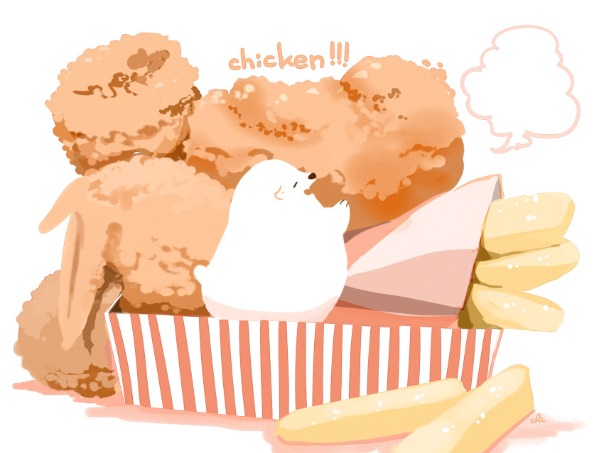 animal bear box chai chicken_(food) closed_eyes commentary_request english_text fang food food_focus fried_chicken highres in_food no_humans open_mouth original polar_bear simple_background solo striped tail undersized_animal white_background