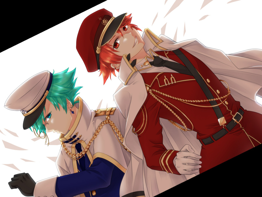 2boys aqua_hair coat coat_on_shoulders earrings hat highres jewelry looking_at_viewer military military_coat military_hat military_uniform multiple_boys necktie nokkosu redhead sideways_glance smile sound_voltex tagme tsumabuki_left tsumabuki_right uniform