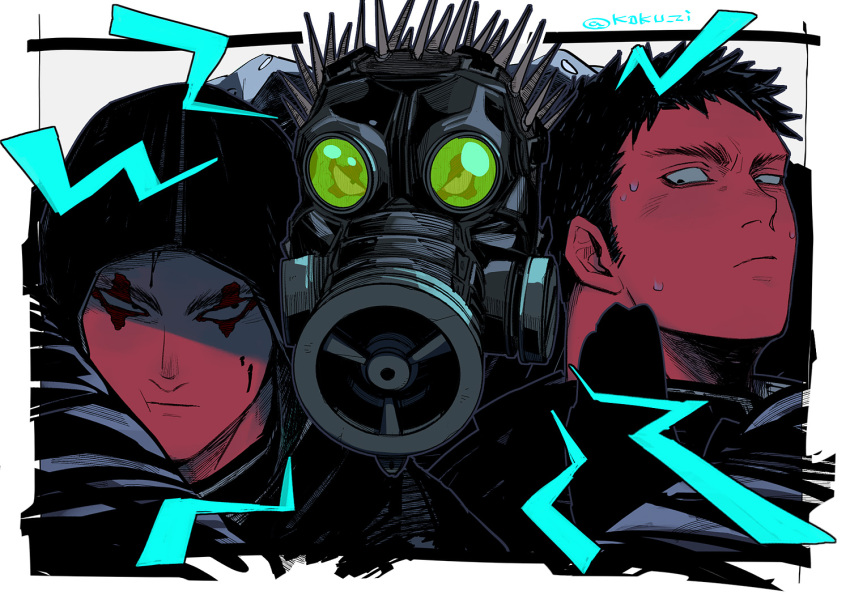 3boys arm_around_shoulder blood blood_on_face character_request check_character dorohedoro face facial_mark gas_mask kaiman_(dorohedoro) kokusoji looking_at_another male_focus multiple_boys risu_(dorohedoro) sideburns spiked spoilers sweatdrop upper_body