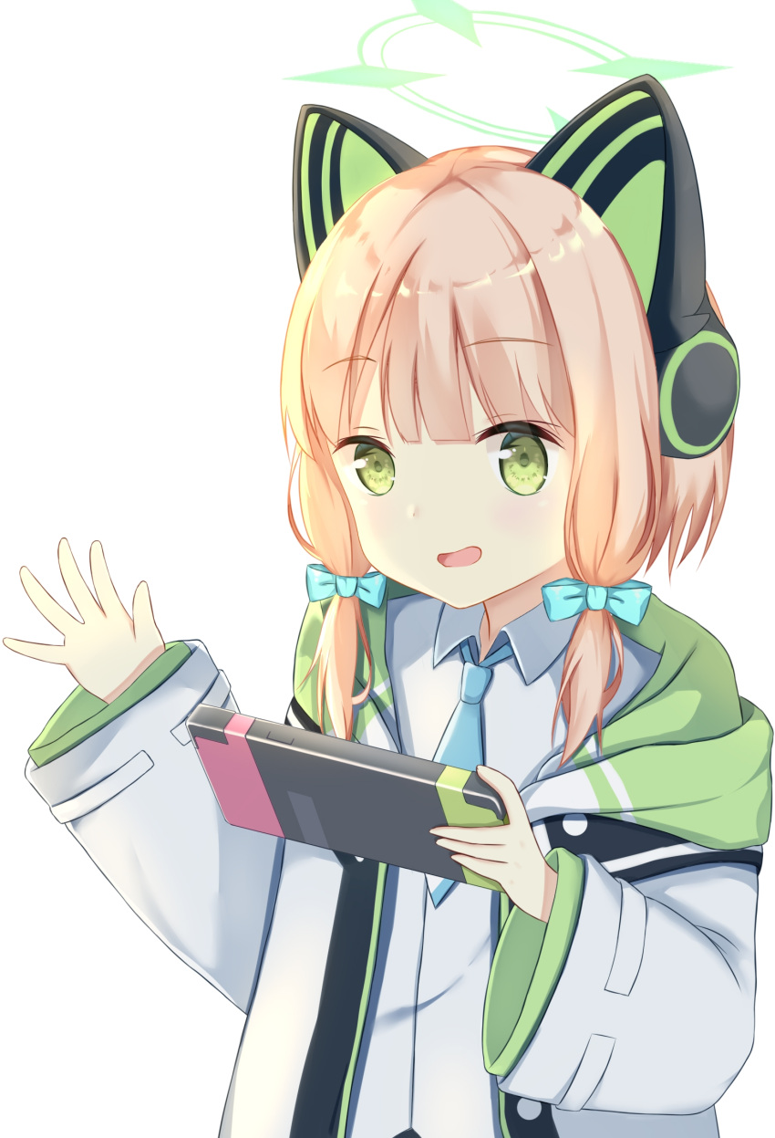 1girl blonde_hair blue_archive cat_ear_headphones game_console green_eyes hair_ribbon halo headphones highres jacket kujyo_ayans looking_at_viewer midori_(blue_archive) necktie open_mouth ribbon short_hair sidelocks simple_background solo twintails waving white_background