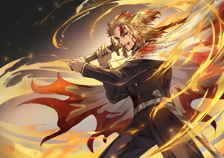 1boy belt belt_buckle black_pants bleeding blonde_hair blood blood_from_mouth blood_on_face blood_stain bloody_clothes buckle buttons cape colored_tips commentary_request embers eyebrows fire gakuran grin holding holding_sword holding_weapon injury katana kimetsu_no_yaiba long_sleeves male_focus medium_hair multicolored_hair one_eye_closed pants redhead rengoku_kyoujurou scabbard school_uniform sheath shinomaru signature smile solo sword topknot two-tone_hair unsheathed weapon white_belt yellow_eyes