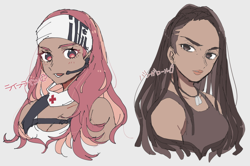 2girls alternate_hair_length alternate_hairstyle apex_legends bangalore_(apex_legends) breast_strap brown_eyes brown_hair brown_tank_top character_name collarbone cropped_torso dark_skin dark-skinned_female dog_tags grey_background hair_behind_ear hairlocs headband highres lifeline_(apex_legends) long_hair mashiro_(rikuya) multiple_girls open_mouth pink_eyes pink_hair sidecut tank_top upper_body white_headband white_tank_top