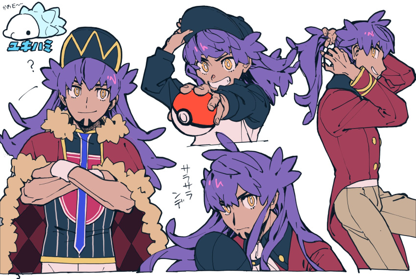 1boy adjusting_hair bangs baseball_cap black_headwear bright_pupils buttons cape champion_uniform closed_mouth commentary_request crossed_arms dark_skin dark_skinned_male facial_hair fur-trimmed_cape fur_trim gen_8_pokemon grin hand_on_headwear hat highres holding holding_poke_ball jacket leon_(pokemon) long_hair long_sleeves male_focus multiple_views outstretched_arm pahyon poke_ball poke_ball_(basic) pokemon pokemon_(anime) pokemon_(game) pokemon_swsh pokemon_swsh_(anime) ponytail purple_hair red_cape shirt smile snom tailcoat wristband yellow_eyes