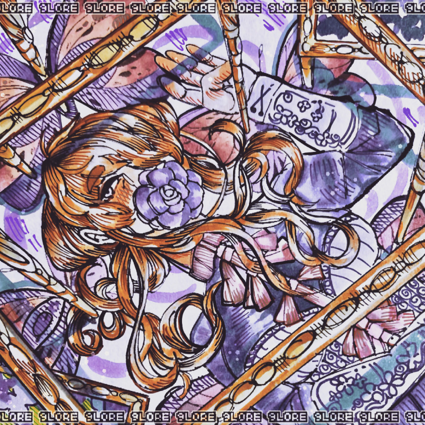 1girl 9lore artist_name blonde_hair blush bug butterfly corset dress flower framed from_above highres insect long_hair long_sleeves lying marker_(medium) md5_mismatch original painting picture_frame pins purple_dress purple_theme ribbon surreal thick_eyebrows traditional_media