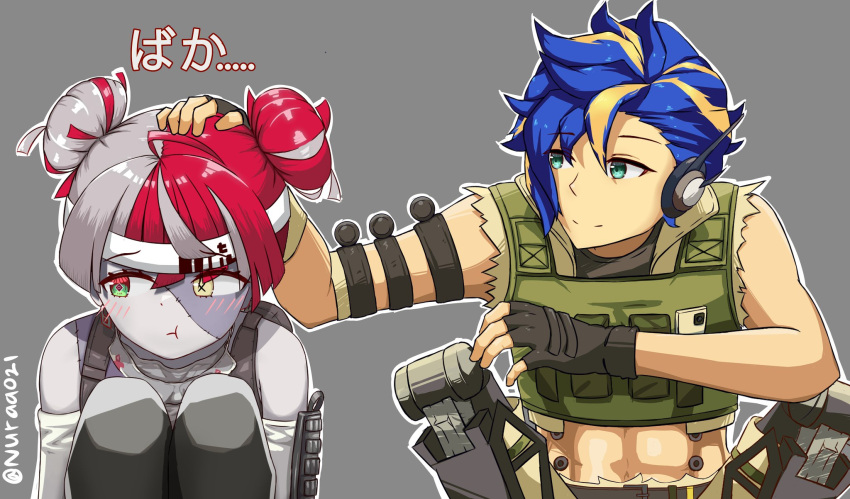 1boy 1girl abs apex_legends astel_leda black_gloves blonde_hair blue_hair blush colored_skin cosplay cropped_vest crossover double_bun fingerless_gloves gloves grey_hair grey_skin greyscale headband heterochromia highres hololive hololive_indonesia holostars iffyru kureiji_ollie lifeline_(apex_legends) lifeline_(apex_legends)_(cosplay) mechanical_legs monochrome multicolored_hair octane_(apex_legends) octane_(apex_legends)_(cosplay) open_hand petting red_eyes redhead squatting stitched_face stitches streaked_hair symbol-shaped_pupils twitter_username two-tone_hair vest white_headband yellow_eyes zombie