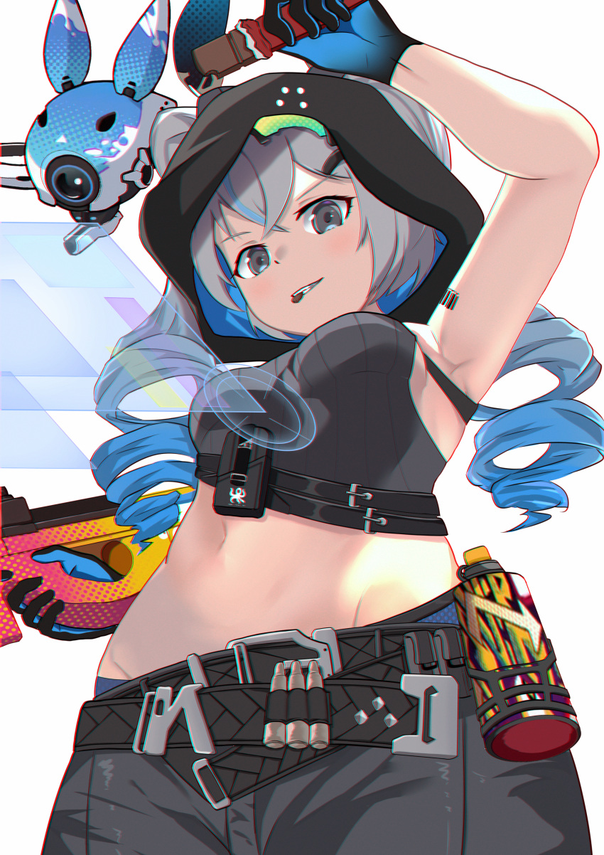 absurdres animal_ears armpits bronya_zaychik chocolate drill_hair fake_animal_ears gloves grey_eyes highres honkai_(series) honkai_impact_3rd hood long_hair looking_at_viewer navel rabbit_ears silver_hair twin_drills twintails weapon