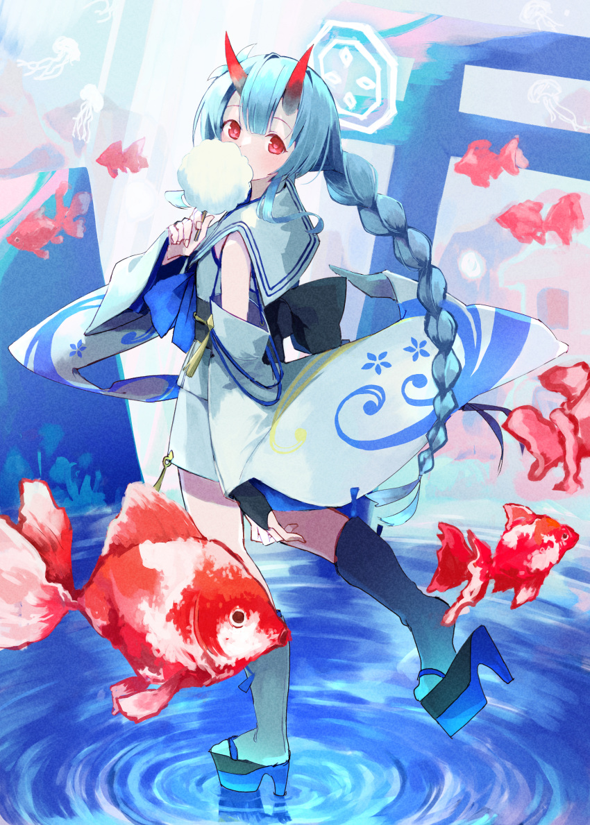 absurdres blue_archive blue_hair chise_(blue_archive) commentary_request cotton_candy detached_sleeves fingerless_gloves fish full_body gloves hair_between_eyes halo highres horns japanese_clothes long_hair long_sleeves looking_at_viewer oni_horns red_eyes shoes tokorinowa torii twin_braids twintails