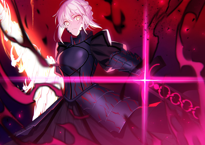 1girl armor armored_dress artoria_pendragon_(all) black_armor blonde_hair dark excalibur_morgan_(fate) fate/grand_order fate/stay_night fate_(series) fuyuki_(neigedhiver) highres holding holding_weapon looking_at_viewer rhongomyniad_(fate) saber_alter solo weapon yellow_eyes
