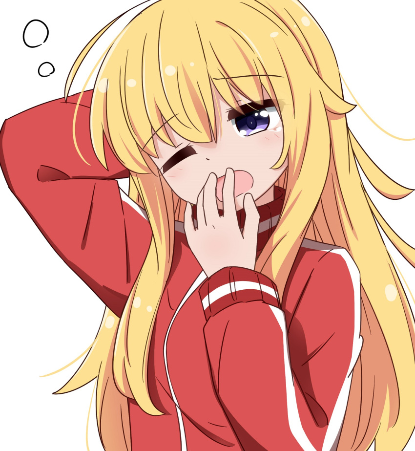 1girl blonde_hair commentary eyebrows_visible_through_hair gabriel_dropout highres jacket long_hair messy_hair miruzawa_akechi one_eye_closed solo tenma_gabriel_white track_jacket upper_body violet_eyes white_background yawning