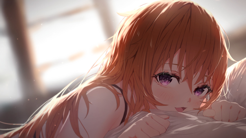 1girl :d absurdres bangs bed_sheet blurry blurry_background blush brown_hair commentary_request dust_particles eyebrows_visible_through_hair hair_between_eyes highres konoe_kanata long_hair looking_at_viewer love_live! love_live!_nijigasaki_high_school_idol_club lying on_stomach open_mouth revision smile solo straight_hair tanaka212 upper_body violet_eyes