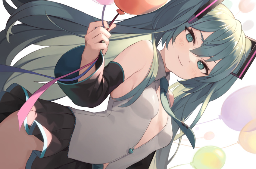 1girl :3 aqua_eyes aqua_hair aqua_neckwear balloon bare_shoulders black_skirt blush breasts closed_mouth commentary_request detached_sleeves dutch_angle hatsune_miku heart highres holding holding_balloon kurige_horse long_hair looking_at_viewer miniskirt necktie no_bra partially_unzipped pleated_skirt skirt small_breasts smile solo twintails very_long_hair vocaloid zipper_pull_tab