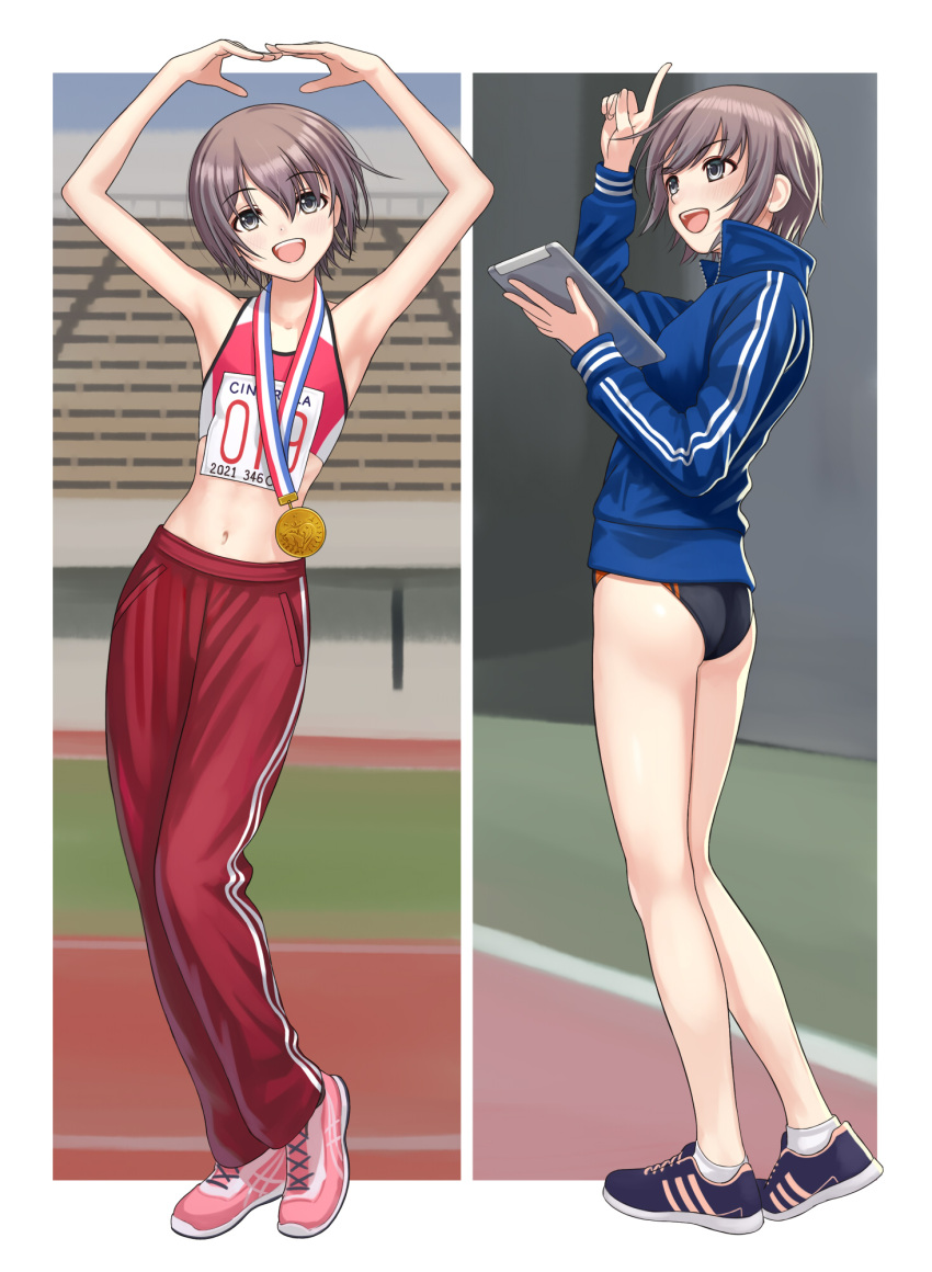 1girl armpits arms_up ass black_buruma black_eyes blue_jacket buruma commentary_request grey_hair highres idolmaster idolmaster_cinderella_girls jacket looking_at_viewer midriff multiple_views navel nekopuchi open_mouth otokura_yuuki pants red_pants short_hair sleeveless track_jacket track_pants