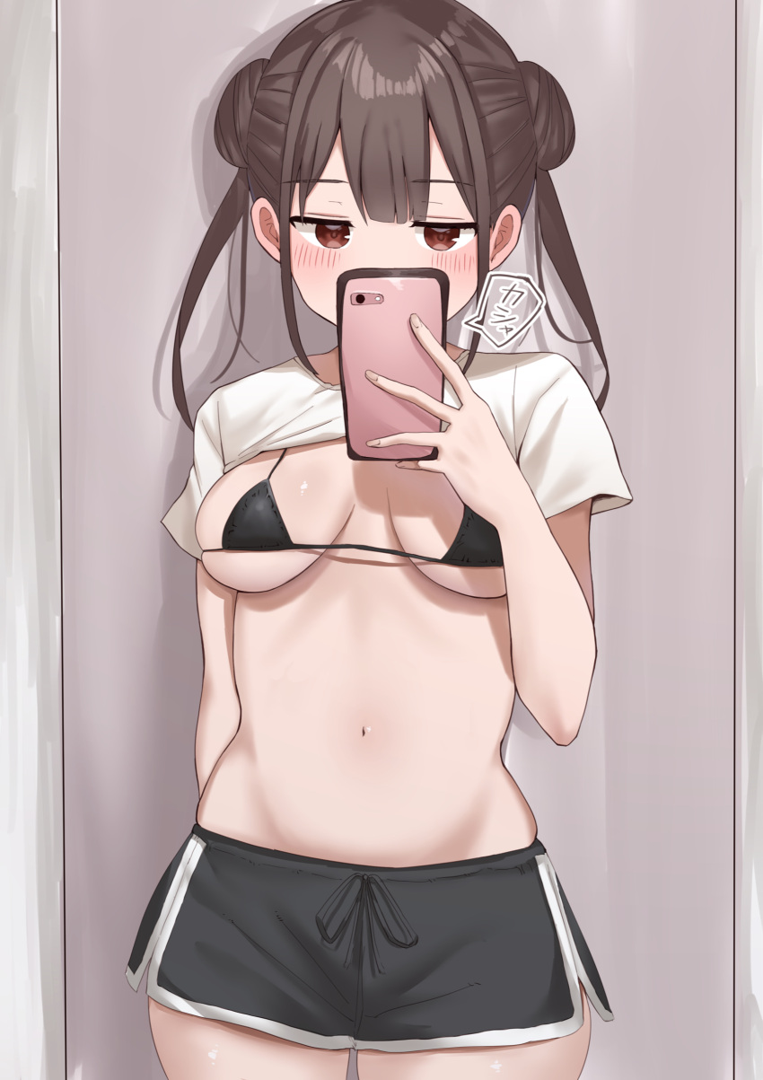 1girl arm_behind_back bangs bikini bikini_top black_bikini black_shorts blunt_bangs breasts brown_eyes brown_hair cowboy_shot double_bun eyebrows_visible_through_hair hand_up highres holding holding_phone idolmaster idolmaster_shiny_colors kobinbin light_blush medium_breasts micro_bikini navel phone presenting shirt shirt_lift short_shorts short_sleeves shorts skindentation sonoda_chiyoko string_bikini swimsuit under_boob white_shirt