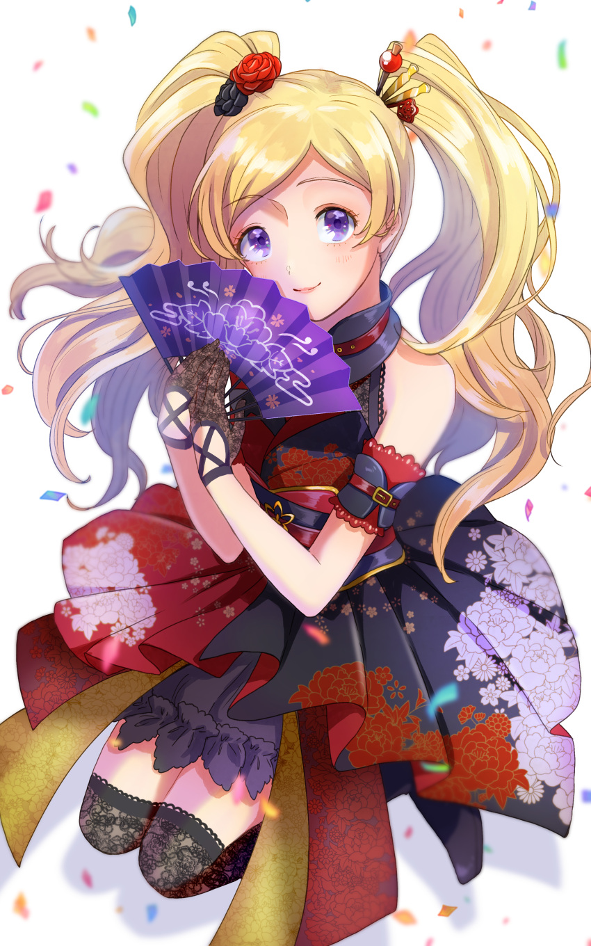 1girl absurdres bare_shoulders black_gloves black_legwear blonde_hair blurry closed_mouth commentary_request confetti depth_of_field emily_stewart eyebrows_visible_through_hair fan floral_print flower folding_fan gloves hair_flower hair_ornament highres idolmaster idolmaster_million_live! idolmaster_million_live!_theater_days japanese_clothes lace-trimmed_legwear lace_trim long_hair looking_at_viewer shadow simple_background smile solo thigh-highs twintails violet_eyes white_background witoi_(roa)