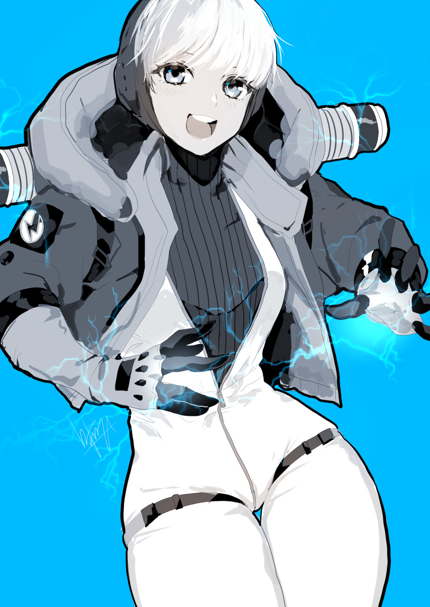 1girl absurdres apex_legends bangs blue_background blue_eyes bodysuit electricity eyebrows_behind_hair gloves head_tilt highres hood hooded_jacket jacket looking_at_viewer mashiro_(rikuya) monochrome open_bodysuit open_hands open_mouth ribbed_sweater smile solo spot_color sweater thigh_strap wattson_(apex_legends) white_bodysuit