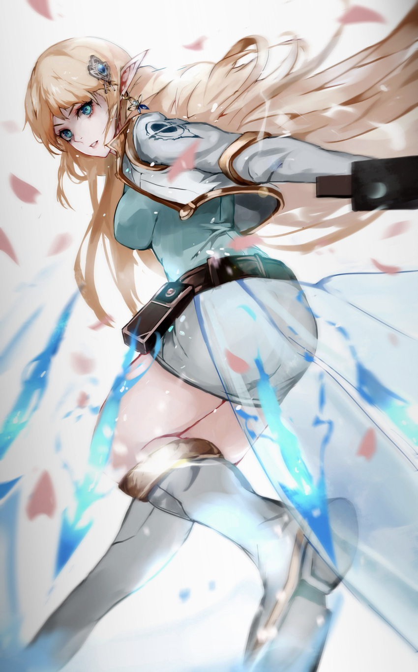 1girl absurdres aqua_shirt belt blonde_hair blue_eyes boots breasts cropped_jacket earrings elf hair_ornament highres holding jacket jewelry large_breasts long_hair looking_at_viewer looking_back maplestory mercedes_(maplestory) parted_lips pencil_skirt pointy_ears shirt skirt solo sword vardan very_long_hair weapon white_footwear white_jacket white_skirt