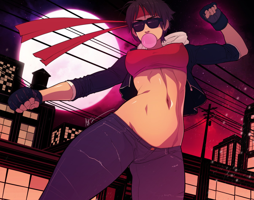 1girl abs alternate_costume bubble_blowing cityscape commission crop_top denim exmile fingerless_gloves gloves groin jacket jeans kasugano_sakura kung_fury_(movie) lowleg lowleg_pants midair midriff navel night night_sky no_panties pants red_bandana sky street_fighter sunglasses