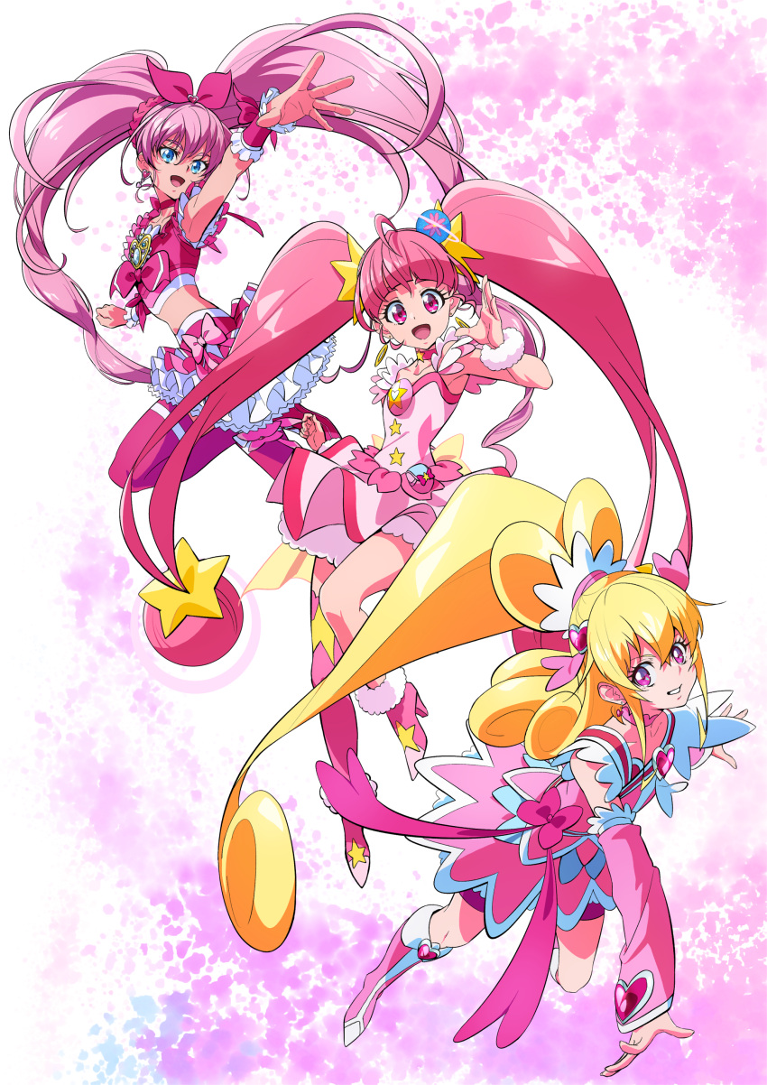 3girls :d abstract_background absurdres ahoge aida_mana arm_warmers bangs bike_shorts blue_eyes blunt_bangs boots bow brooch choker color_connection crop_top cure_heart cure_melody cure_star curly_hair dokidoki!_precure dress dress_bow frilled_skirt frills hair_bow hair_ornament heart heart_hair_ornament highres hoshina_hikaru houjou_hibiki jewelry knee_boots layered_skirt long_hair looking_at_viewer magical_girl multiple_girls nukosann open_mouth pink_background pink_bow pink_dress pink_eyes pink_footwear pink_hair pink_legwear pink_neckwear pink_shorts pink_skirt pink_sleeves pink_theme planet_hair_ornament ponytail pouch precure shoes shorts shorts_under_skirt single_thighhigh skirt smile star_(symbol) star_choker star_twinkle_precure suite_precure thigh-highs twintails wrist_cuffs