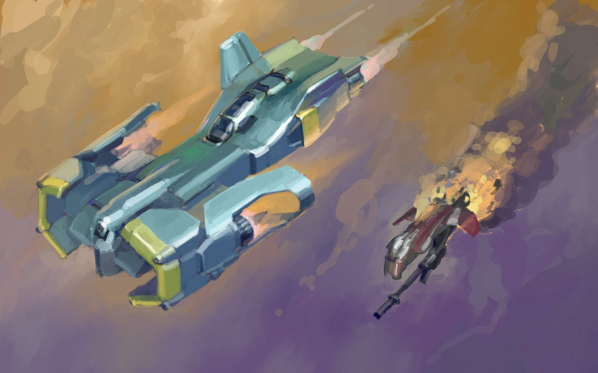 absurdres cannon canopy clouds english_commentary fire flying from_above highres mike_doscher no_humans original science_fiction space_craft thrusters vehicle_focus