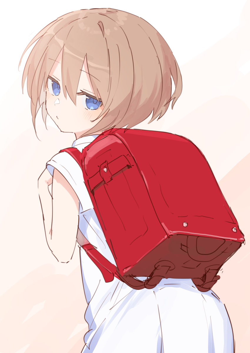 1girl absurdres backpack bag blanc blue_eyes brown_hair buran_buta closed_mouth dress expressionless from_behind hair_between_eyes highres neptune_(series) randoseru short_hair solo white_dress