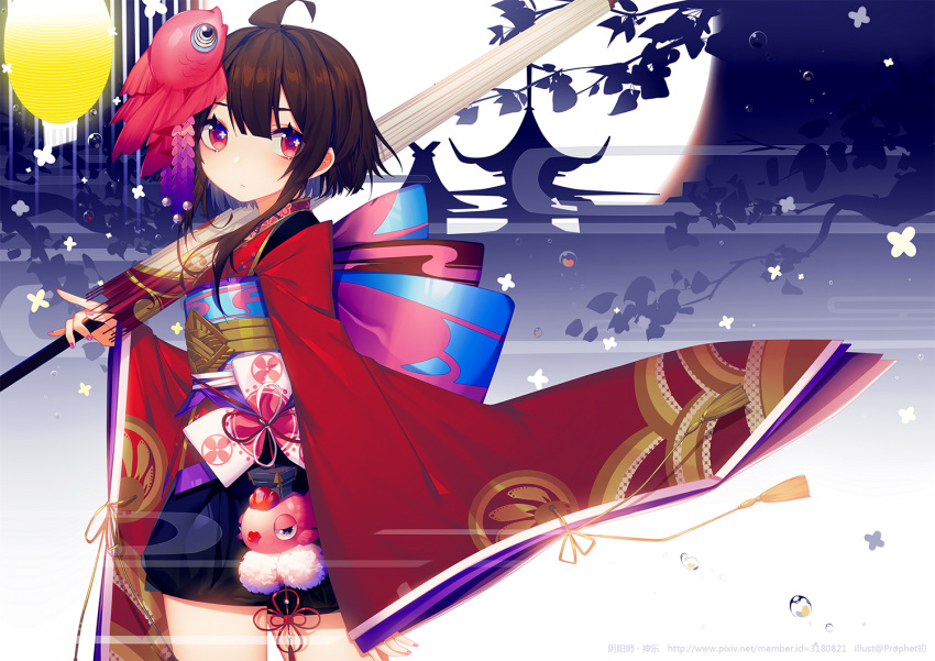 1girl architecture bangs brown_hair closed_mouth detached_sleeves east_asian_architecture egasumi fish_hair_ornament hair_ornament holding holding_umbrella japanese_clothes kimono lantern long_sleeves looking_at_viewer moon obi original pagoda prophet_chu red_eyes sash short_hair sleeves_past_wrists solo umbrella wide_sleeves