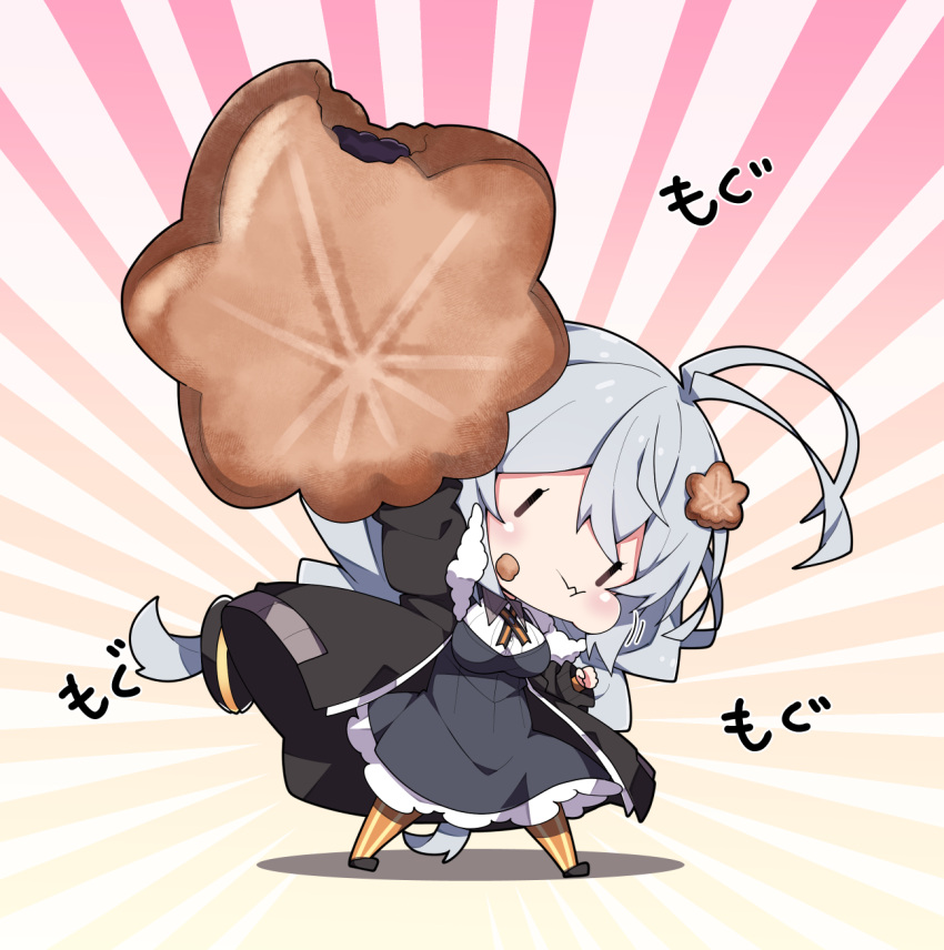 1girl :t antenna_hair arm_up bangs black_dress black_jacket blush braid breasts chibi closed_mouth collared_shirt commentary_request dress food food_on_face full_body fur-trimmed_jacket fur_trim grey_hair hair_between_eyes highres holding holding_food jacket kizuna_akari large_breasts long_hair long_sleeves milkpanda minigirl open_clothes open_jacket orange_legwear pantyhose puffy_cheeks puffy_long_sleeves puffy_sleeves shirt solo standing striped striped_legwear sunburst sunburst_background translation_request twin_braids vertical-striped_legwear vertical_stripes very_long_hair voiceroid wavy_mouth white_shirt |_|