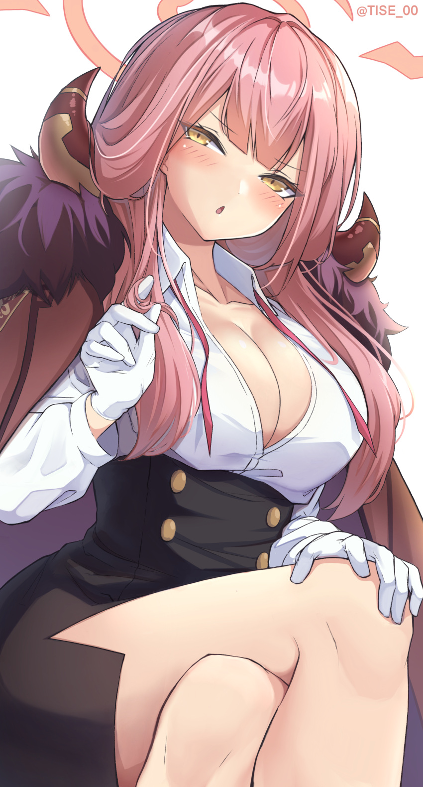 :o absurdres aru_(blue_archive) bangs black_skirt blue_archive blush breasts coat collarbone collared_shirt crossed_legs eyebrows_visible_through_hair fur_trim gloves halo hand_in_hair hand_on_own_knee hand_up highres horns large_breasts long_hair long_sleeves looking_at_viewer oserotto parted_lips pink_hair red_coat shirt shirt_tucked_in simple_background sitting skirt twitter_username white_background white_gloves white_shirt yellow_eyes