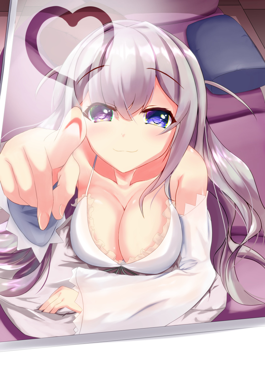 1girl :3 absurdres azur_lane bare_shoulders blue_eyes blush cainbranford collarbone commentary_request couch grey_hair heart heterochromia highres long_hair looking_at_viewer lying murmansk_(azur_lane) murmansk_(sceneries_of_pure_snow)_(azur_lane) official_alternate_costume on_couch on_stomach pillow solo violet_eyes white_nightgown window window_fog window_writing