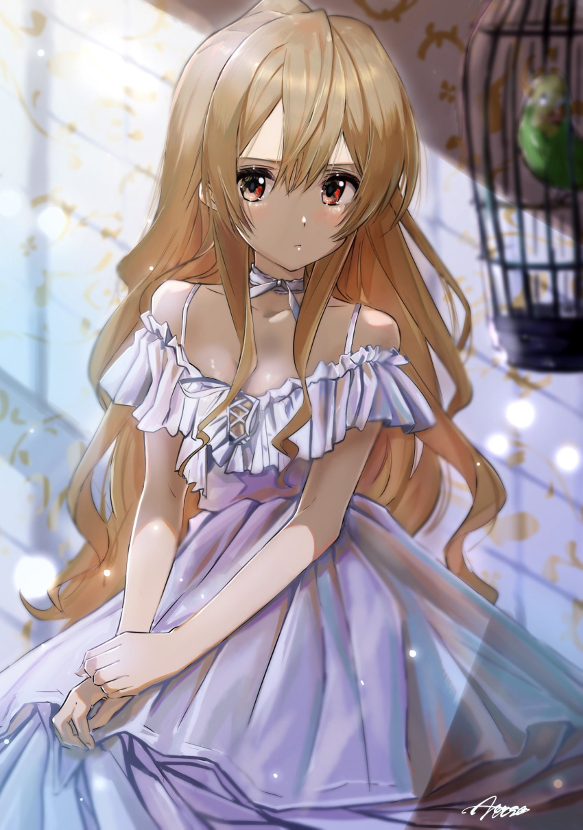 1girl aisaka_taiga bangs bare_shoulders bird blurry blurry_background blush brown_eyes brown_hair cage choker closed_mouth commentary_request dress hair_between_eyes highres inko long_hair looking_at_viewer parrot ribbon_choker signature sleeveless sleeveless_dress solo toradora! verse white_dress white_neckwear