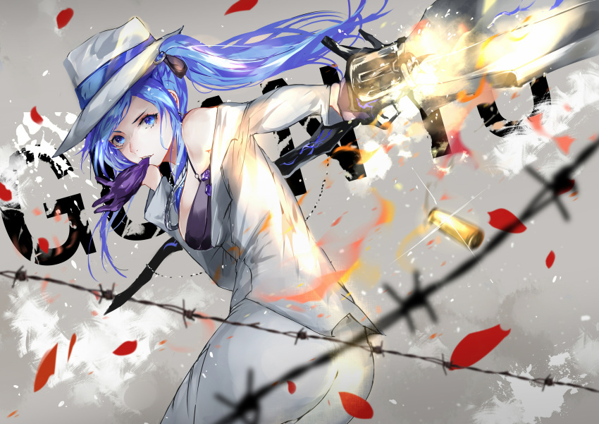 1girl absurdres barbed_wire black_gloves blue_eyes blue_hair breasts character_request dress dress_shirt firing gloves gun hair_ornament hat highres holding holding_gun holding_weapon jacket large_breasts long_hair looking_at_viewer looking_back mouth_hold muzzle_flash petals porkpie_hat purple_gloves revolver shell_casing shirt sidelocks solo tower_of_saviors twintails vardan weapon white_headwear white_shirt