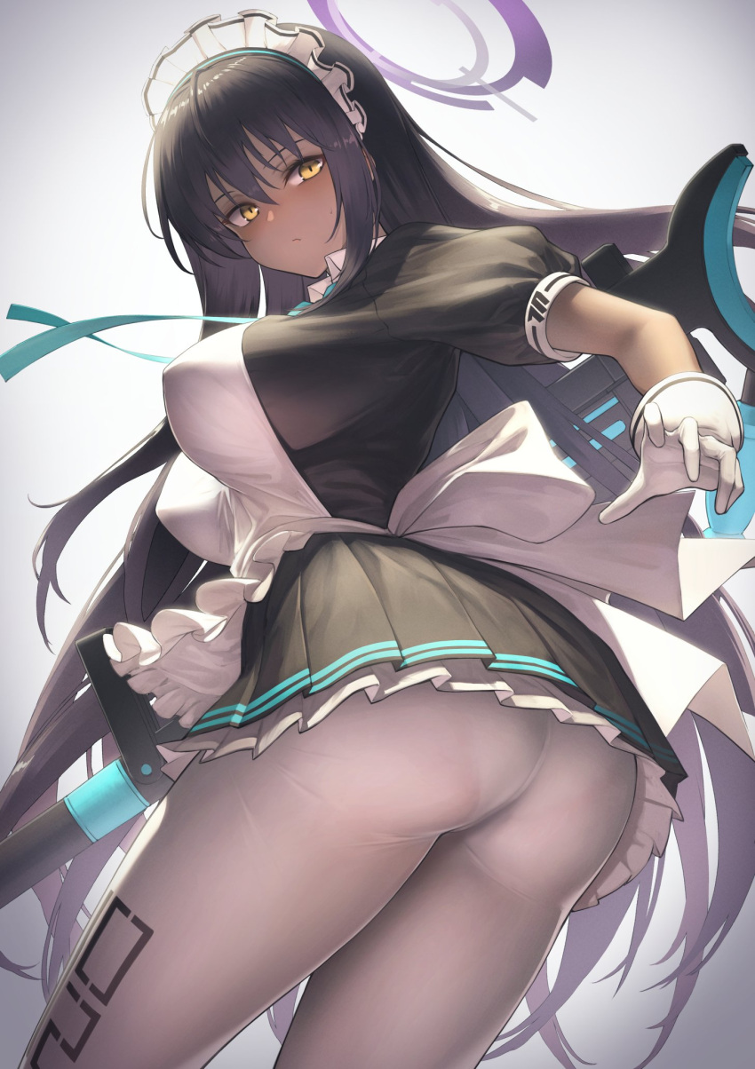 1girl apron ass bangs black_dress black_hair blue_archive blue_ribbon blush breasts closed_mouth dress eyebrows_visible_through_hair frilled_apron frills gloves gradient gradient_background grey_background halo highres itaco karin_(blue_archive) large_breasts long_hair looking_at_viewer looking_back looking_down maid_headdress pantyhose pleated_dress puffy_short_sleeves puffy_sleeves ribbon short_sleeves sidelocks solo thighs white_apron white_gloves white_headwear white_legwear yellow_eyes