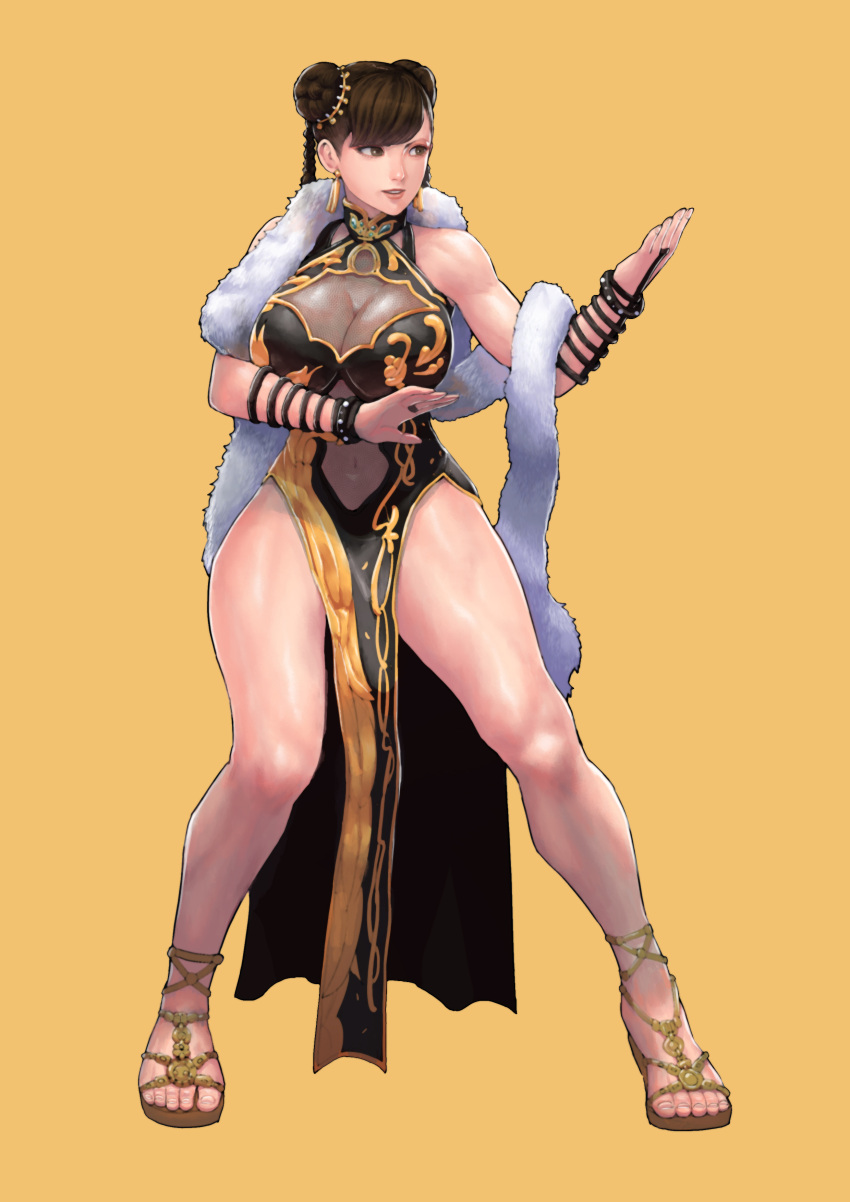 1girl absurdres black_dress brown_eyes brown_hair china_dress chinese_clothes chun-li cirenk double_bun dress earrings feather_boa fighting_stance highres jewelry official_alternate_costume pelvic_curtain street_fighter thighs