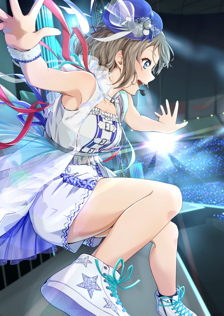 1girl blue_eyes crowd from_side highres idol legs_up light_brown_hair lights love_live! love_live!_sunshine!! open_mouth outstretched_arms prbili short_hair smile solo watanabe_you