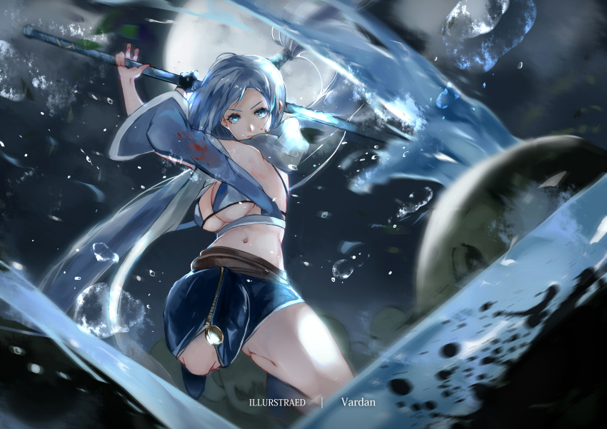 1girl absurdres artist_name blue_bra blue_eyes blue_hair blue_shorts bra breasts character_name character_request detached_sleeves highres holding holding_weapon large_breasts long_hair looking_at_viewer navel shorts solo tower_of_saviors underwear vardan very_long_hair water water_drop weapon wide_sleeves