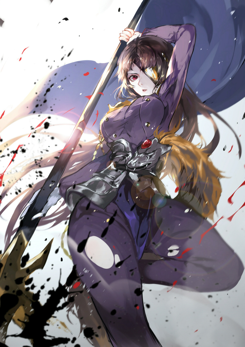 1girl blue_cape breasts brown_hair cape character_request faulds highres holding holding_polearm holding_weapon large_breasts long_hair long_sleeves looking_at_viewer one_eye_covered pants parted_lips polearm purple_pants red_eyes solo tower_of_saviors vardan very_long_hair weapon