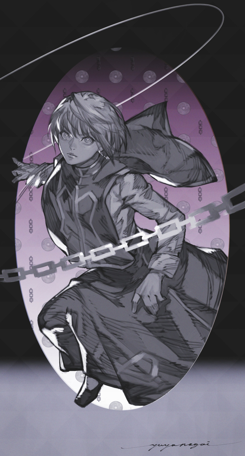 1boy absurdres attack bangs chain closed_mouth commentary highres hunter_x_hunter kurapika lips long_sleeves looking_at_viewer male_focus motion_lines partially_colored shoes short_hair signature solo tabard triangle v8