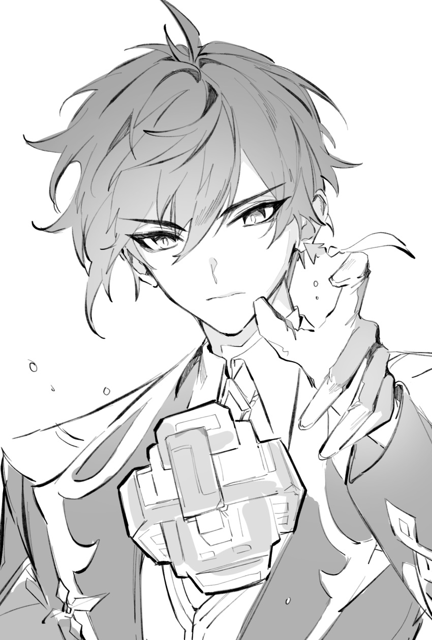 1boy ahoge bangs closed_mouth eyebrows_visible_through_hair genshin_impact gloves greyscale hair_between_eyes highres honeymilk0252 jacket jewelry long_sleeves male_focus monochrome simple_background single_earring sketch solo upper_body zhongli_(genshin_impact)