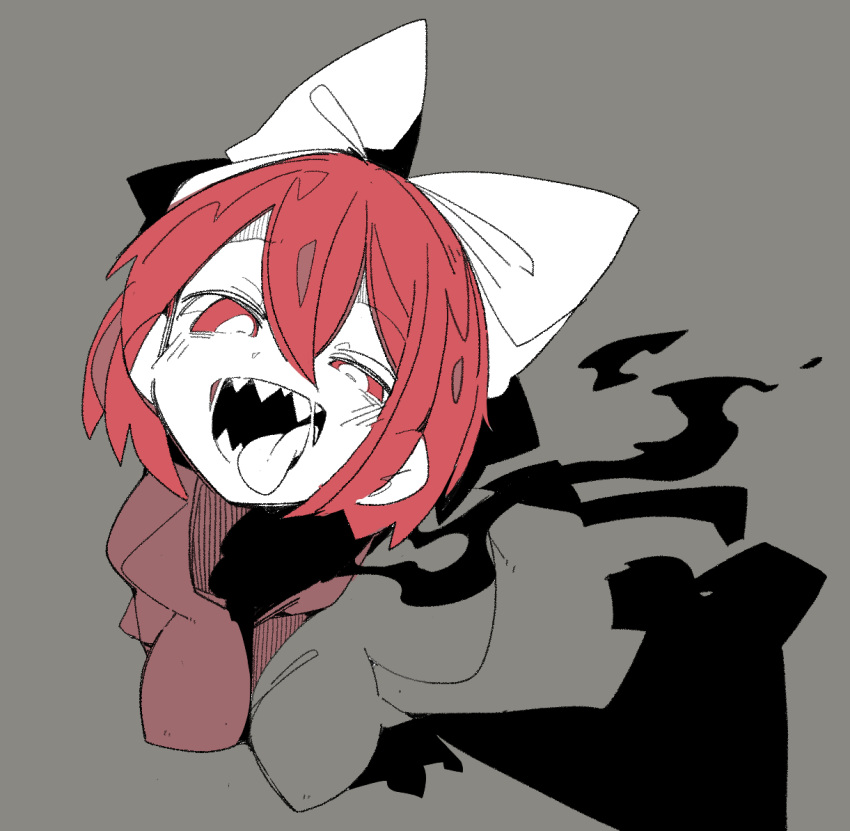 1girl bow breasts cape grey_background hair_between_eyes hair_bow hanging_breasts high_collar looking_at_viewer ma_sakasama medium_breasts monochrome open_mouth red_cape red_eyes redhead sekibanki sharp_teeth short_hair simple_background solo teeth tongue tongue_out touhou upper_body