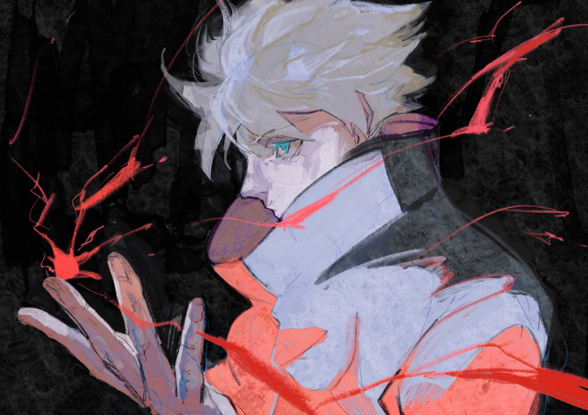 1boy black_background black_coat blue_eyes coat collar focused glowing gojou_satoru hands highres incoming_attack jujutsu_kaisen looking_to_the_side male_focus messy_hair r3511 serious simple_background sparks upper_body white_hair