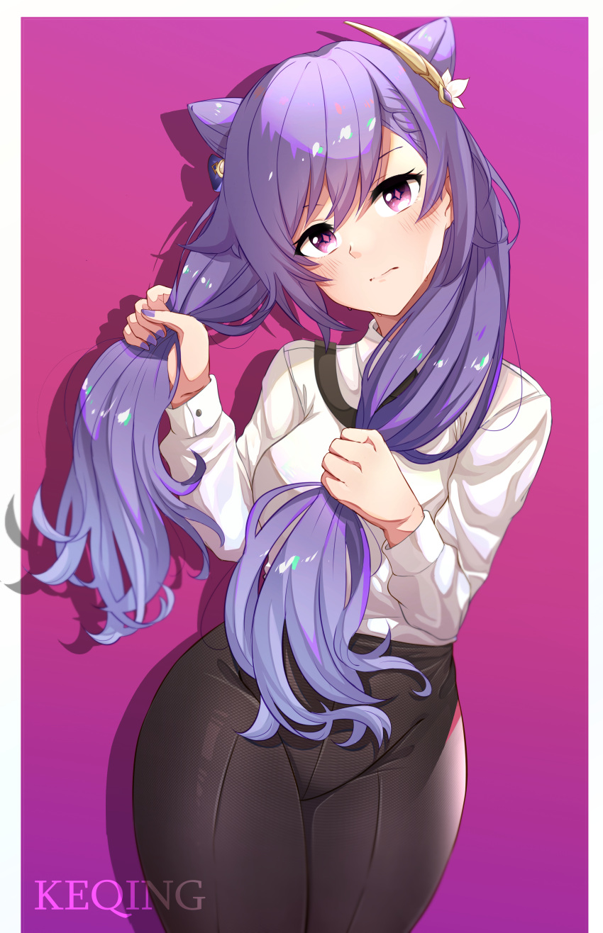 1girl absurdres black_pants blush bow braid breasts bunching_hair character_name collared_shirt cowboy_shot double_bun genshin_impact hair_bow hair_bun hair_grab hair_ornament hairclip highres keqing_(genshin_impact) long_hair long_sleeves looking_at_viewer nail_polish office_lady pants purple_background purple_hair purple_nails shirt simple_background skirt symbol-shaped_pupils thighs tight tight_pants twintails violet_eyes