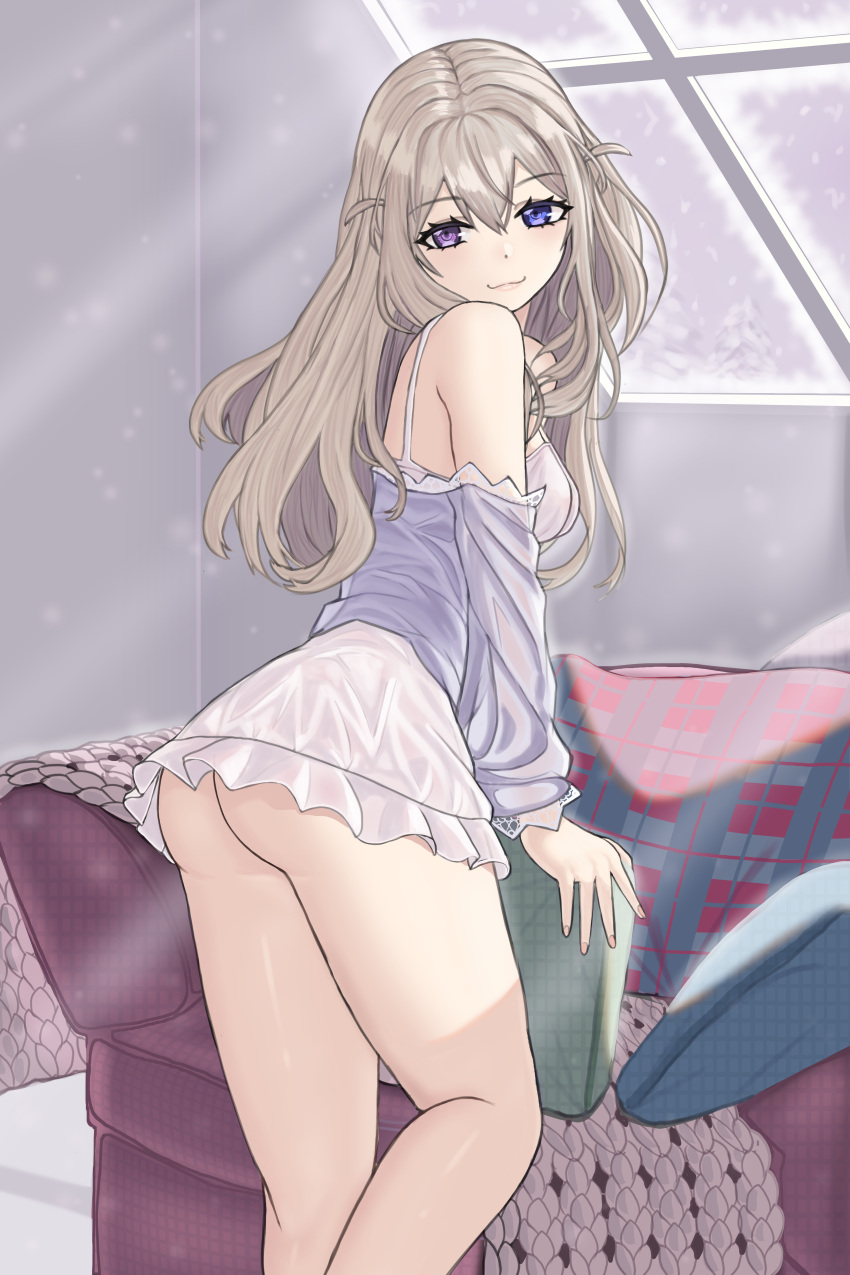 1girl absurdres ass azur_lane bare_shoulders blue_eyes breasts chair craiven frosted_glass grey_hair hair_between_eyes heterochromia highres indoors long_hair looking_at_viewer looking_back medium_breasts murmansk_(azur_lane) murmansk_(sceneries_of_pure_snow)_(azur_lane) pillow solo violet_eyes white_nightgown window