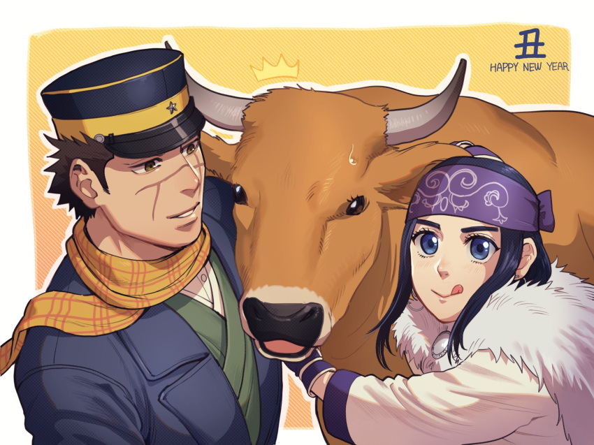 1boy 1girl :q ainu ainu_clothes animal asirpa black_eyes black_hair blue_coat brown_eyes bull chinese_zodiac coat foxvulpine golden_kamuy green_kimono happy_new_year hat headband highres imperial_japanese_army japanese_clothes kepi kimono long_sleeves military military_hat military_uniform new_year scar scar_on_cheek scar_on_face scar_on_mouth scar_on_nose scarf short_hair sideburns sidelocks simple_background smile sugimoto_saichi tongue tongue_out uniform year_of_the_ox yellow_scarf