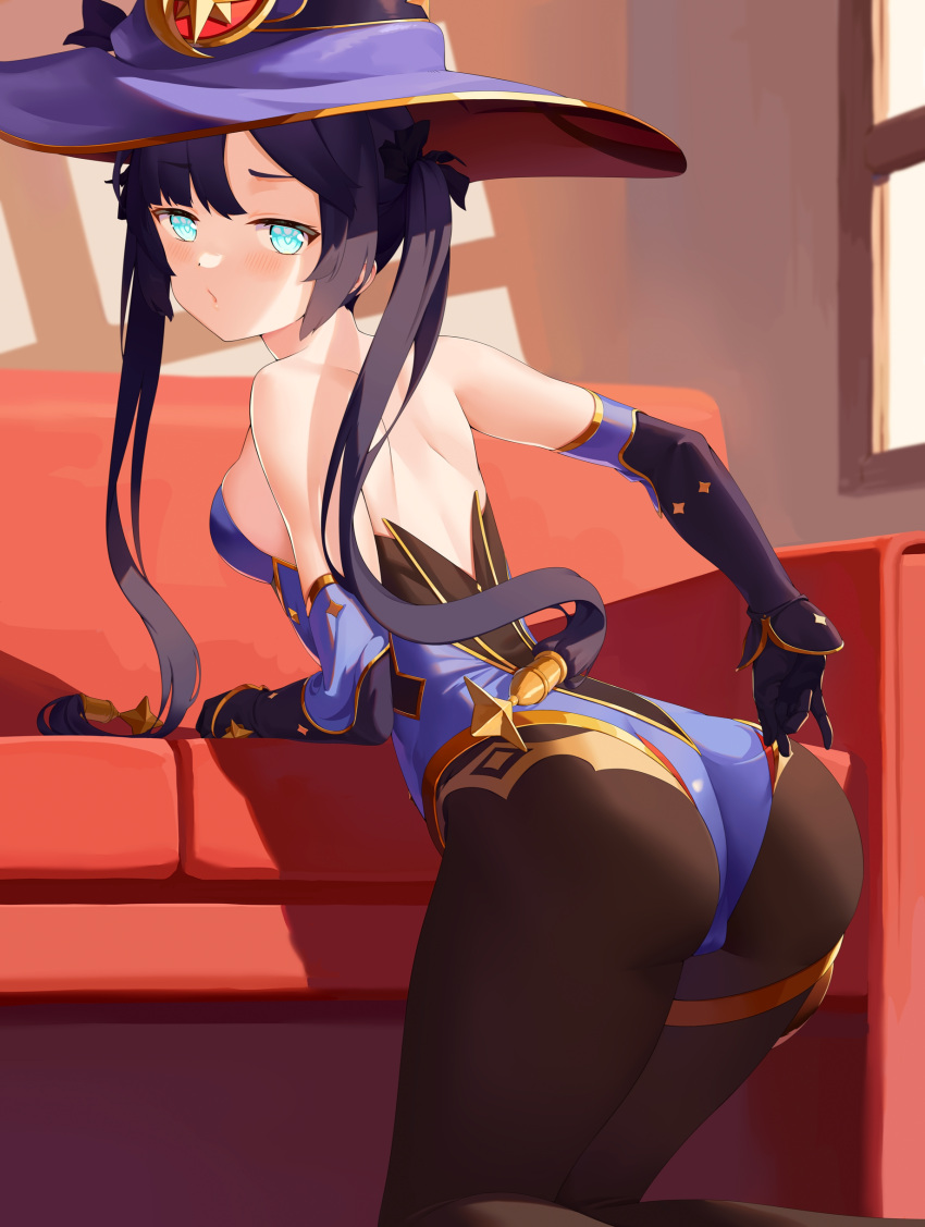 1girl absurdres aqua_eyes ass back bare_shoulders black_gloves black_hair blue_headwear blue_leotard bodystocking breasts brown_legwear couch detached_sleeves elbow_gloves genshin_impact gloves gold_trim hat hat_ornament highleg highleg_leotard highres leotard long_hair looking_at_viewer looking_back medium_breasts mona_(genshin_impact) pantyhose sad81222700 thighlet thighs twintails witch_hat